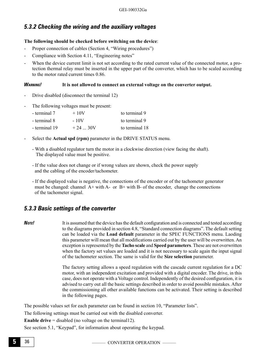 2 checking the wiring and the auxiliary voltages, 3 basic settings of the converter | GE Industrial Solutions DV-300 DC Drive Users Manual User Manual | Page 112 / 488