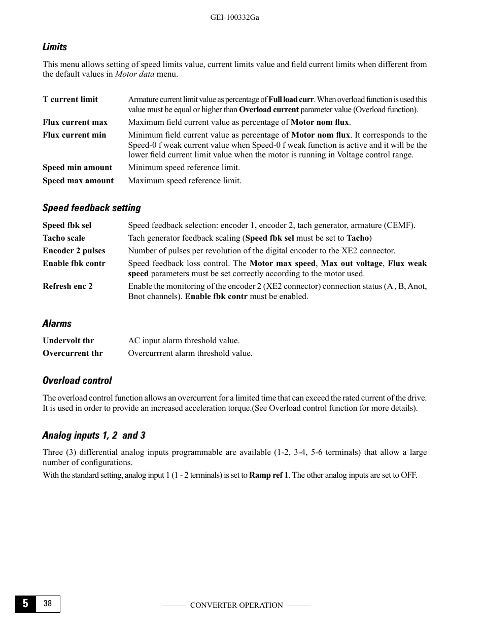 Limits, Speed feedback setting, Alarms | Overload control, Analog inputs 1, 2 and 3 | GE Industrial Solutions DV-300 DC Drive Users Manual User Manual | Page 114 / 488