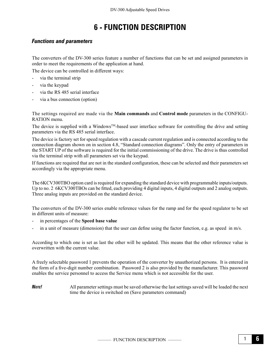 6 - function description, Functions and parameters | GE Industrial Solutions DV-300 DC Drive Users Manual User Manual | Page 129 / 488