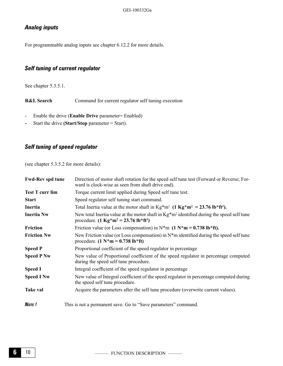 Analog inputs, Self tuning of current regulator, Self tuning of speed regulator | GE Industrial Solutions DV-300 DC Drive Users Manual User Manual | Page 138 / 488