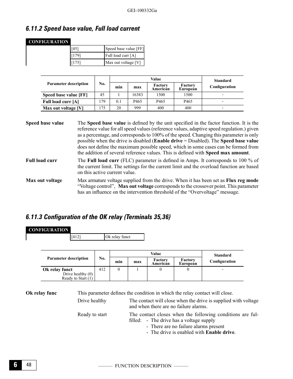 2 speed base value, full load current, 3 configuration of the ok relay (terminals 35,36) | GE Industrial Solutions DV-300 DC Drive Users Manual User Manual | Page 176 / 488