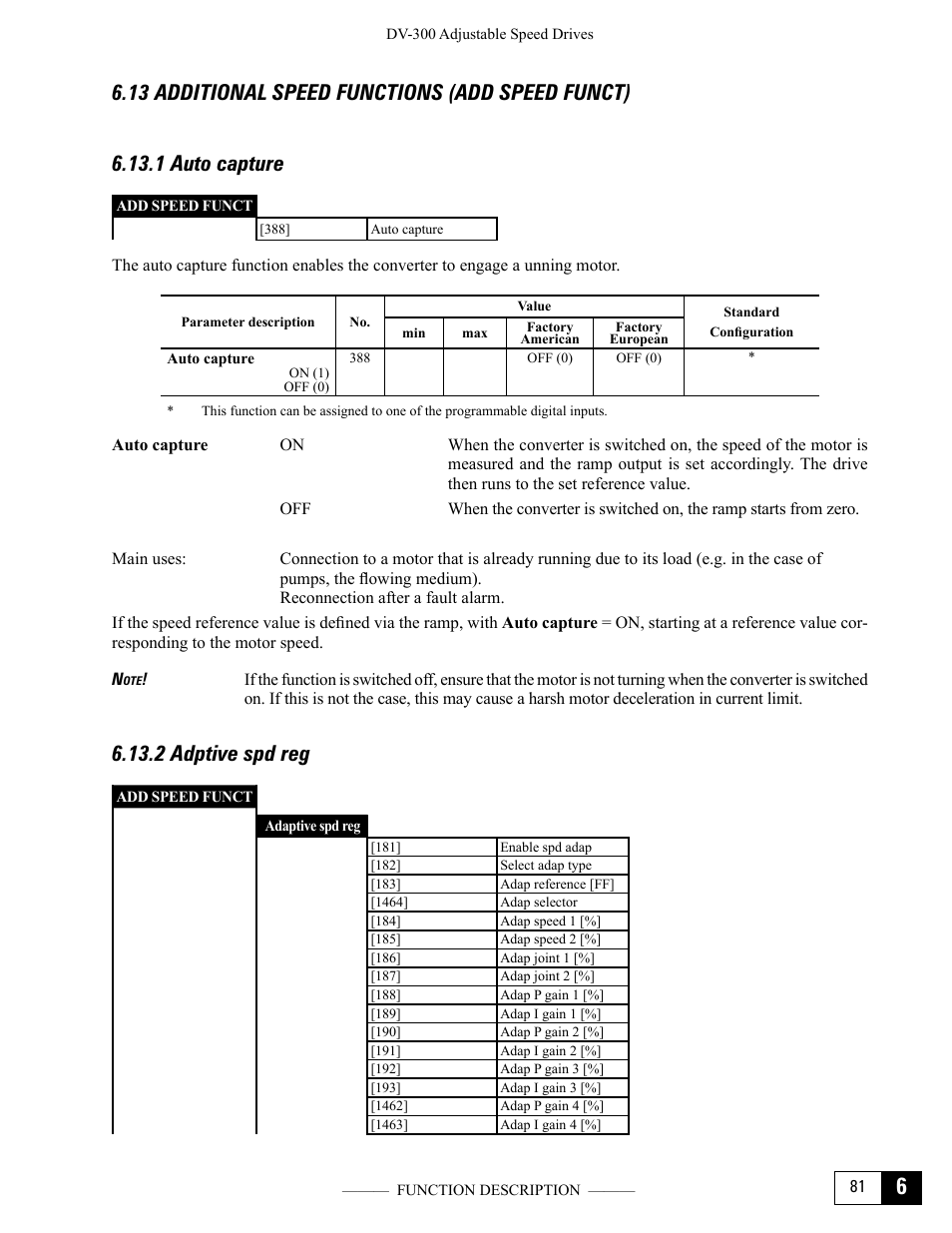 13 additional speed functions (add speed funct), 1 auto capture, 2 adptive spd reg | 1 auto capture 6.13.2 adptive spd reg | GE Industrial Solutions DV-300 DC Drive Users Manual User Manual | Page 209 / 488