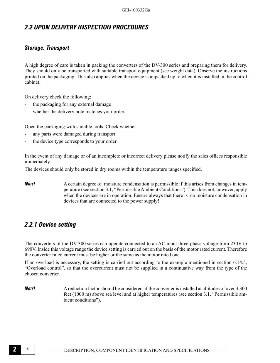 2 upon delivery inspection procedures, Storage, transport, 1 device setting | GE Industrial Solutions DV-300 DC Drive Users Manual User Manual | Page 24 / 488