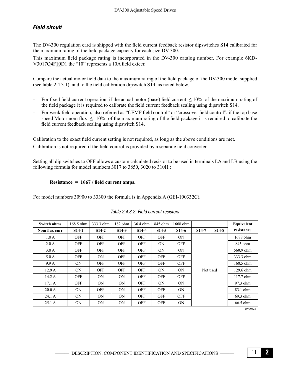 Field circuit, Table 2.4.3.2: field current resistors | GE Industrial Solutions DV-300 DC Drive Users Manual User Manual | Page 31 / 488