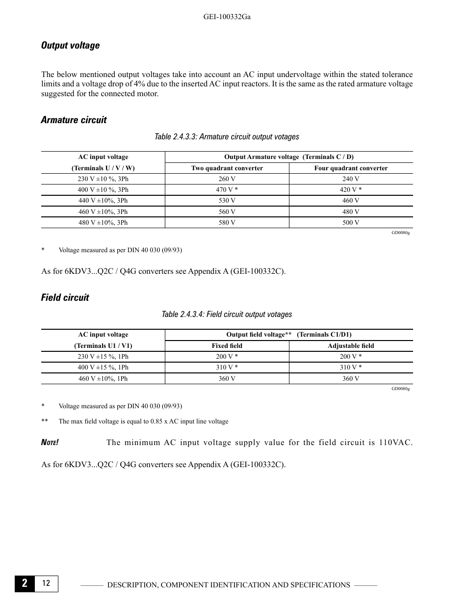 Output voltage, Armature circuit, Field circuit | Table 2.4.3.3: armature circuit output votages, Table 2.4.3.4: field circuit output votages, Output voltage armature circuit field circuit | GE Industrial Solutions DV-300 DC Drive Users Manual User Manual | Page 32 / 488