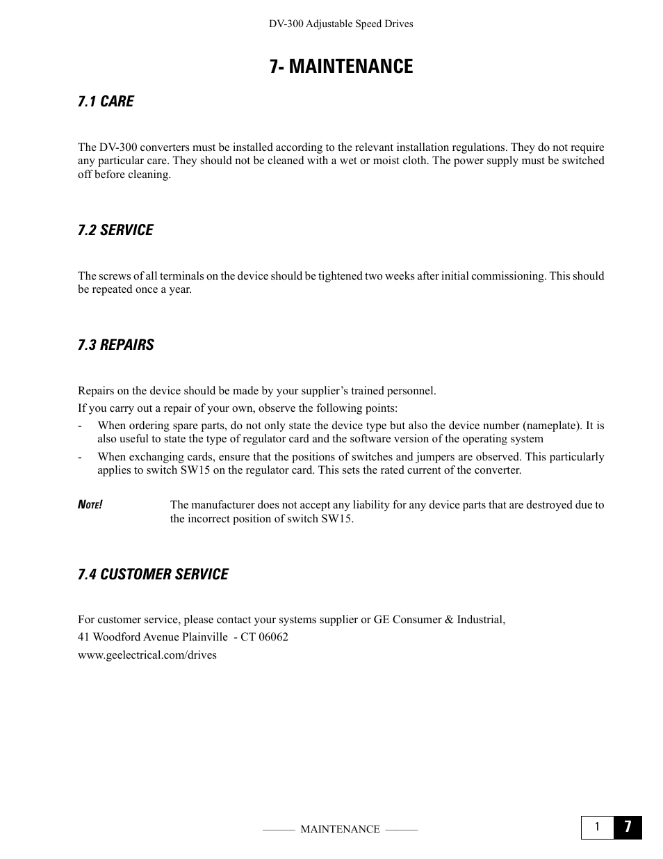 Maintenance, 1 care, 2 service | 3 repairs, 4 customer service | GE Industrial Solutions DV-300 DC Drive Users Manual User Manual | Page 349 / 488