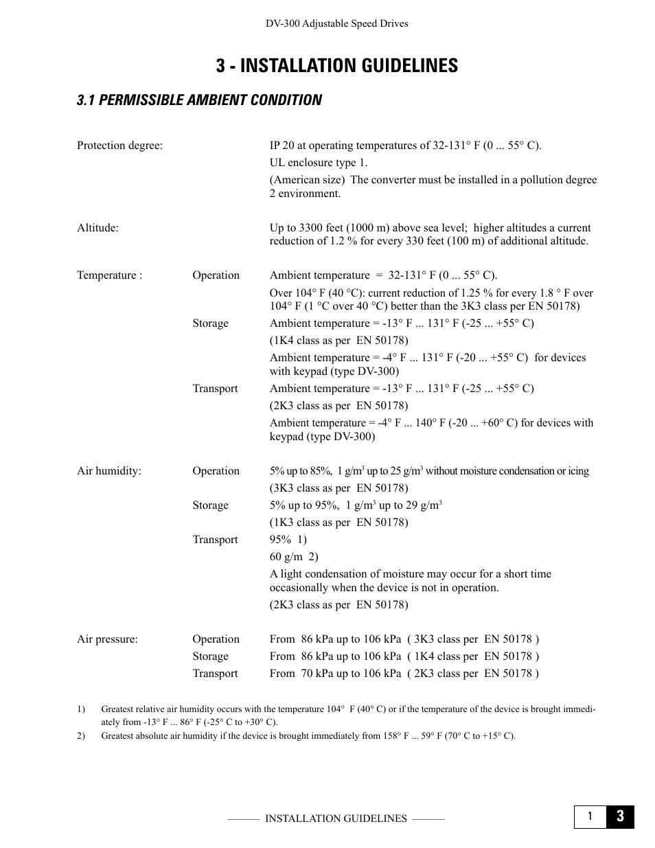 3 - installation guidelines, 1 permissible ambient condition | GE Industrial Solutions DV-300 DC Drive Users Manual User Manual | Page 41 / 488