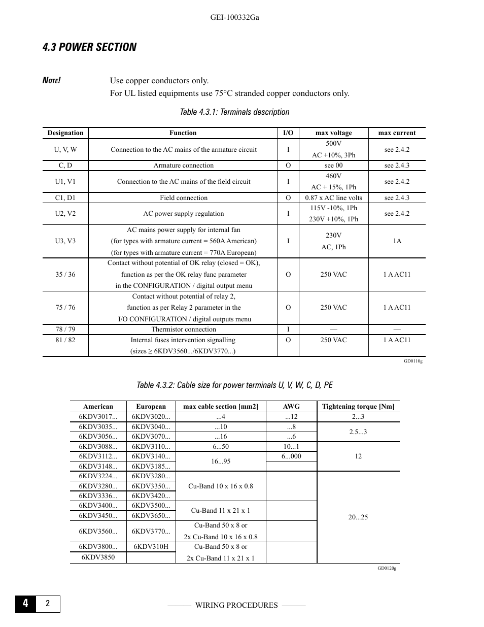 3 power section, Table 4.3.1: terminals description | GE Industrial Solutions DV-300 DC Drive Users Manual User Manual | Page 46 / 488