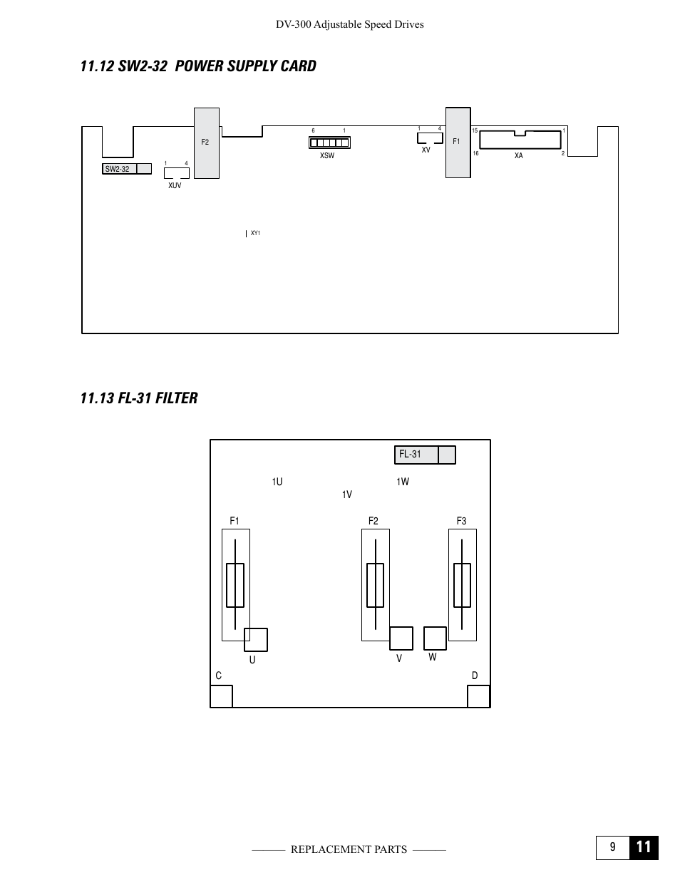 12 sw2-32 power supply card, 13 fl-31 filter, 12 sw2-32 power supply card 11.13 fl-31 filter | GE Industrial Solutions DV-300 DC Drive Users Manual User Manual | Page 485 / 488