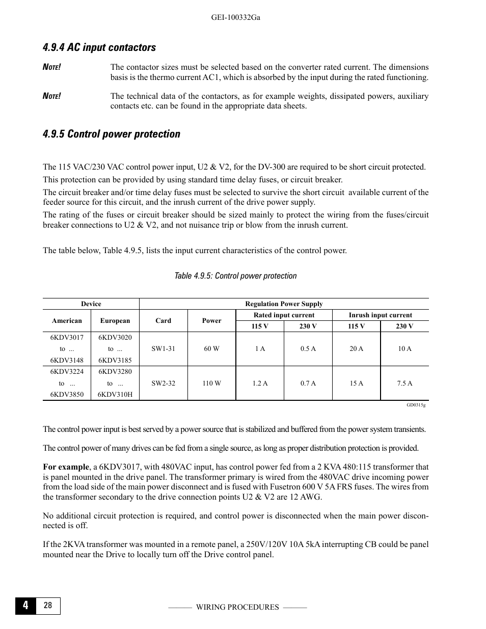 4 ac input contactors, 5 control power protection, Table 4.9.5: control power protection | GE Industrial Solutions DV-300 DC Drive Users Manual User Manual | Page 72 / 488