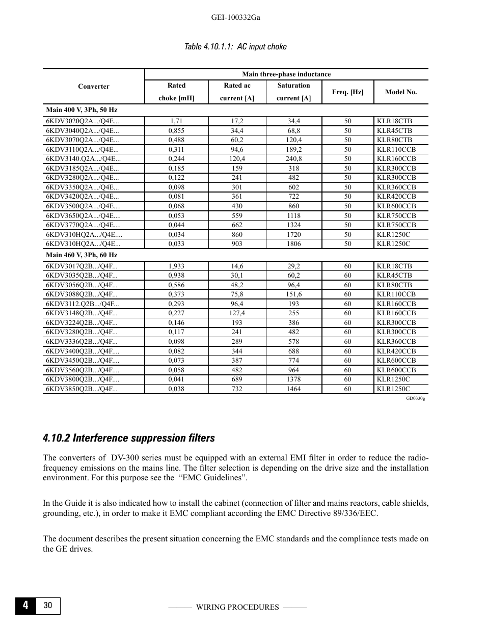 2 interference suppression filters, Table 4.10.1.1: ac input choke | GE Industrial Solutions DV-300 DC Drive Users Manual User Manual | Page 74 / 488