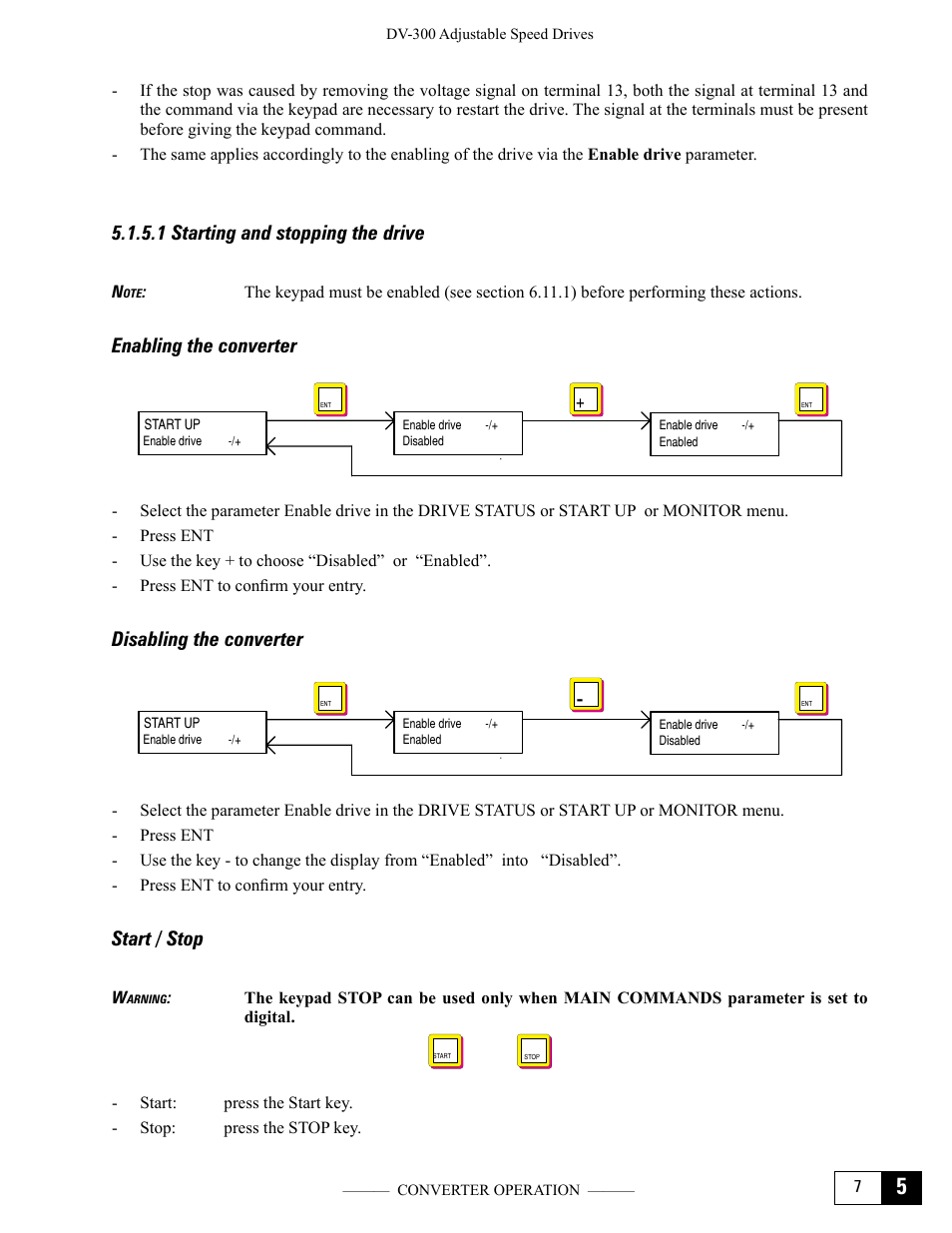 1 starting and stopping the drive, Enabling the converter, Disabling the converter | Start / stop | GE Industrial Solutions DV-300 DC Drive Users Manual User Manual | Page 83 / 488