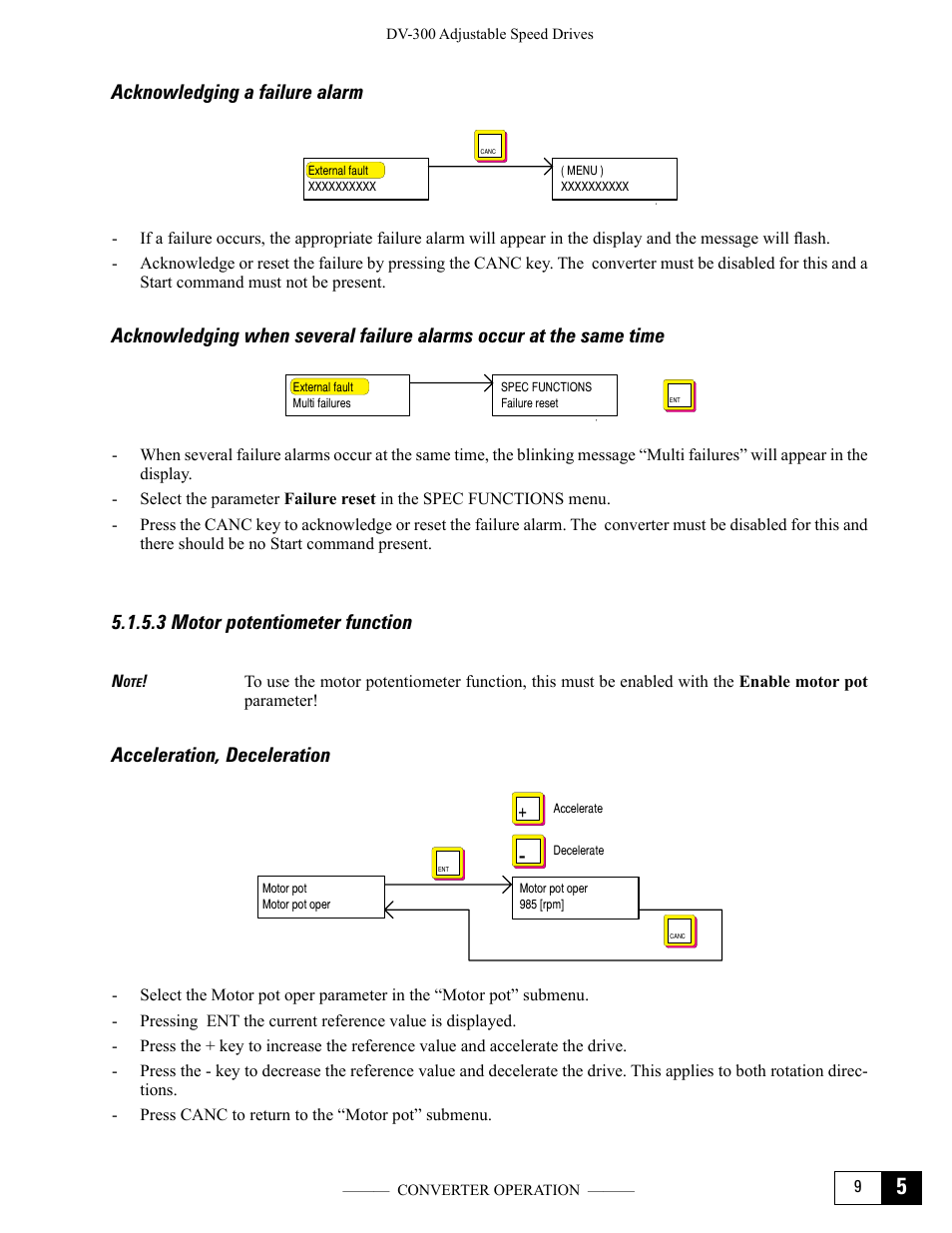 Acknowledging a failure alarm, 3 motor potentiometer function, Acceleration, deceleration | GE Industrial Solutions DV-300 DC Drive Users Manual User Manual | Page 85 / 488