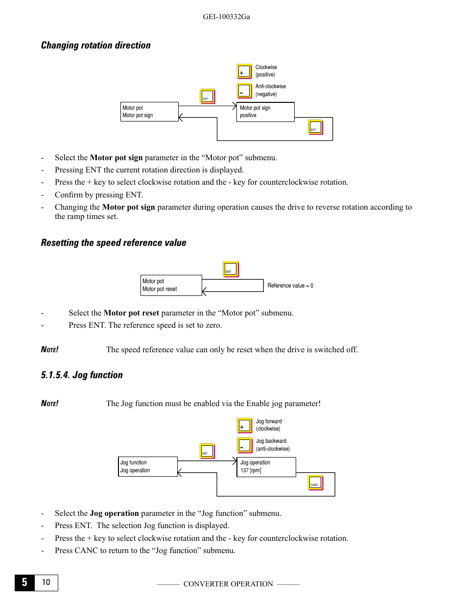 Changing rotation direction, Resetting the speed reference value, Jog function | GE Industrial Solutions DV-300 DC Drive Users Manual User Manual | Page 86 / 488