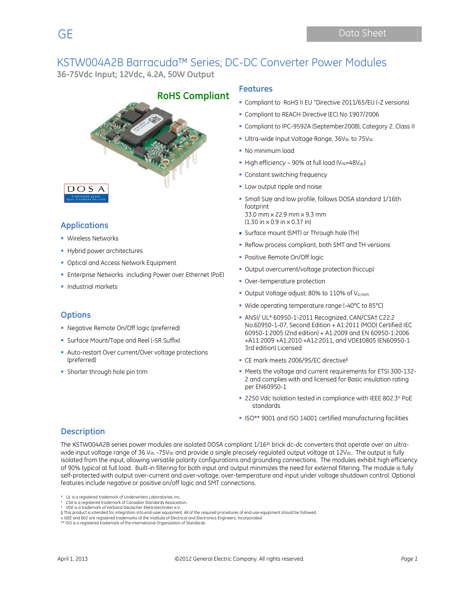 GE Industrial Solutions KSTW004A2B Barracuda Series User Manual | 16 pages