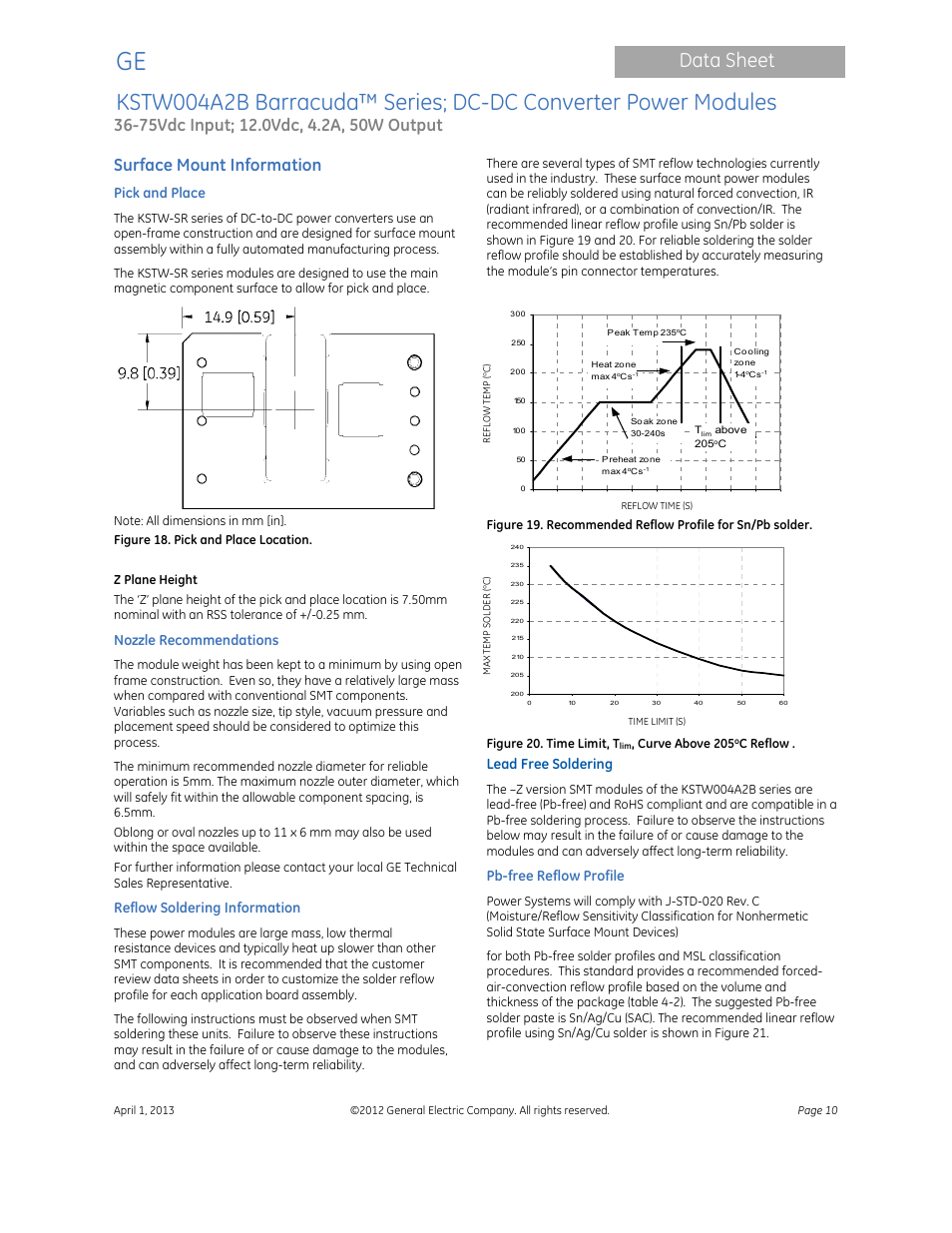 Data sheet, Surface mount information | GE Industrial Solutions KSTW004A2B Barracuda Series User Manual | Page 10 / 16