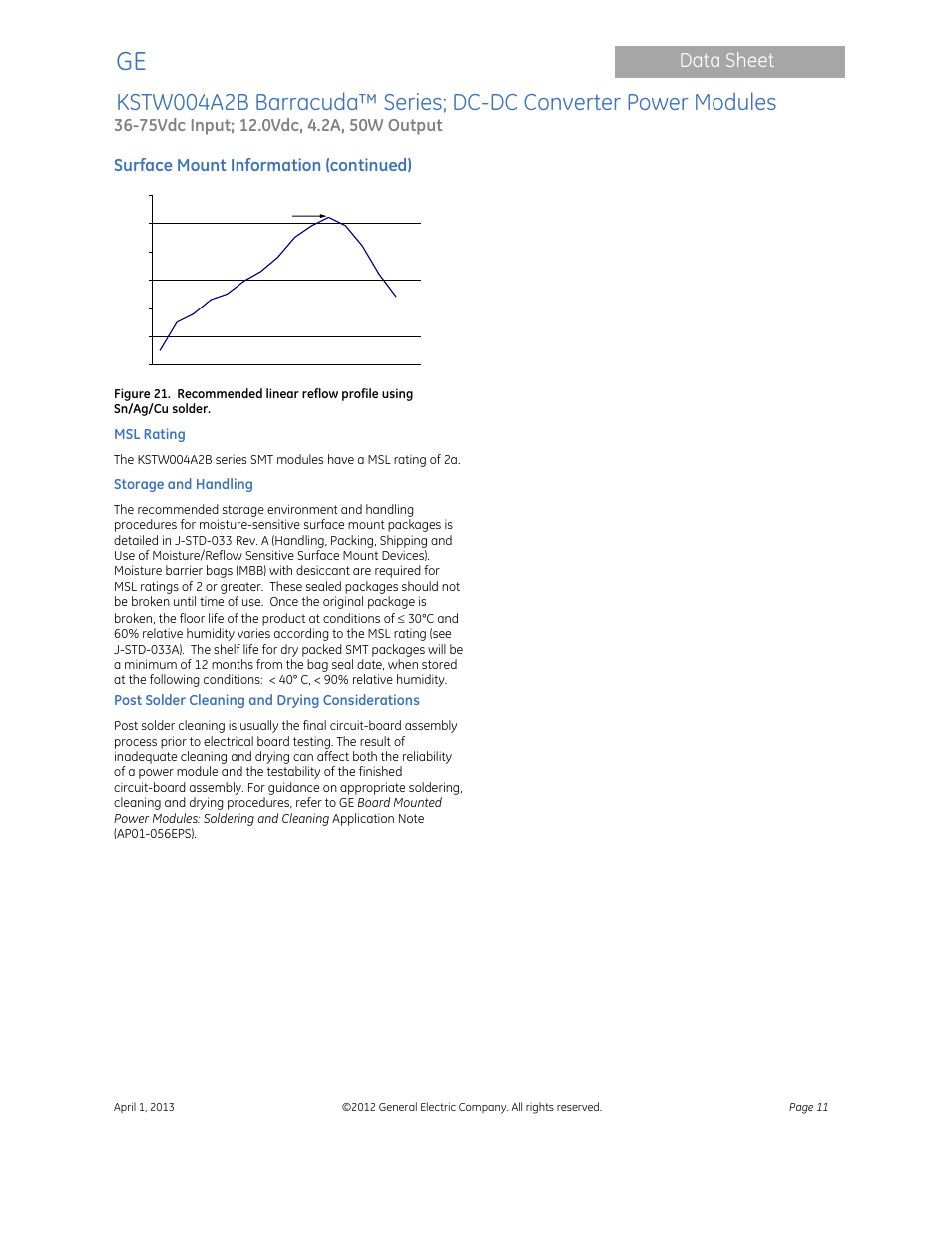 Data sheet, Surface mount information (continued) | GE Industrial Solutions KSTW004A2B Barracuda Series User Manual | Page 11 / 16