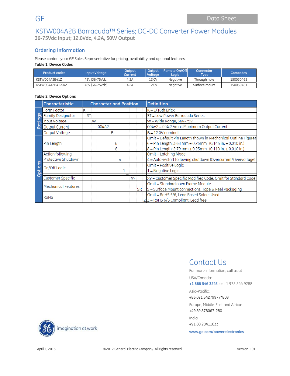 Contact us, Data sheet, Ordering information | GE Industrial Solutions KSTW004A2B Barracuda Series User Manual | Page 16 / 16