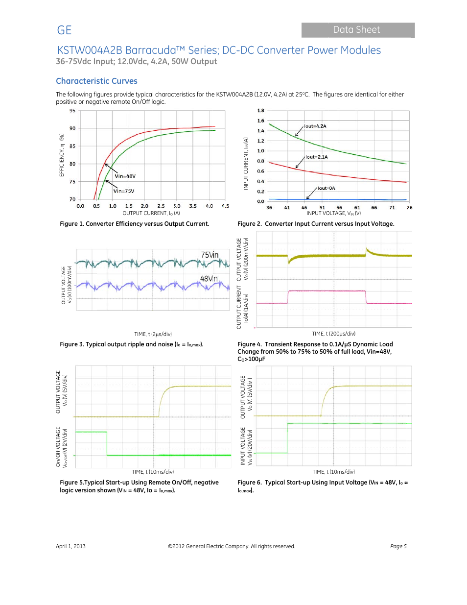 Kstw00, 4a2b ba, Arracuda | A™ series, S; dc-dc, C conver, Rter powe, Er modu, Data she, 75vdc in | GE Industrial Solutions KSTW004A2B Barracuda Series User Manual | Page 5 / 16
