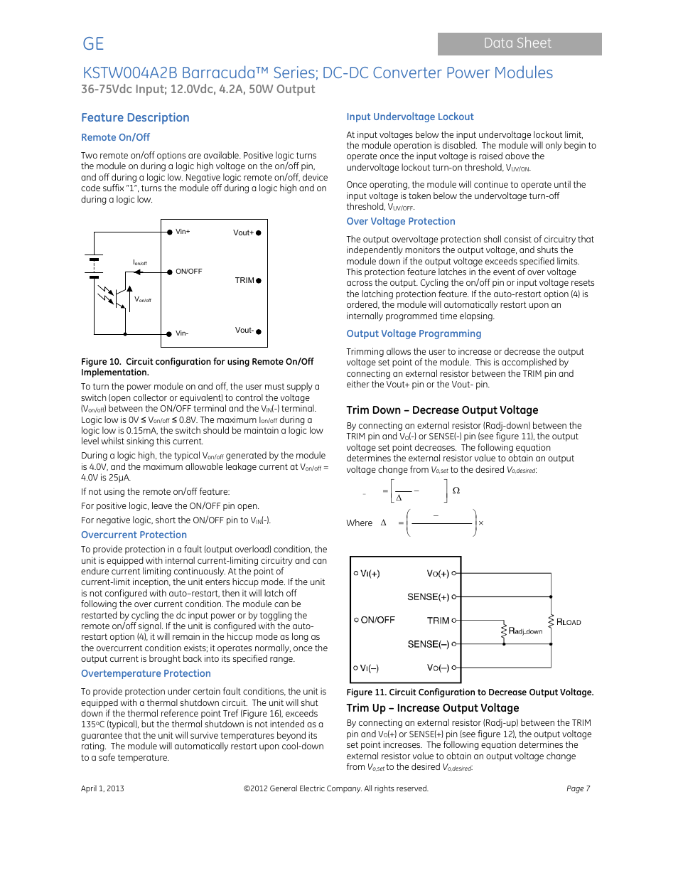 Data sheet, Feature description, Trim down – decrease output voltage | Trim up – increase output voltage | GE Industrial Solutions KSTW004A2B Barracuda Series User Manual | Page 7 / 16