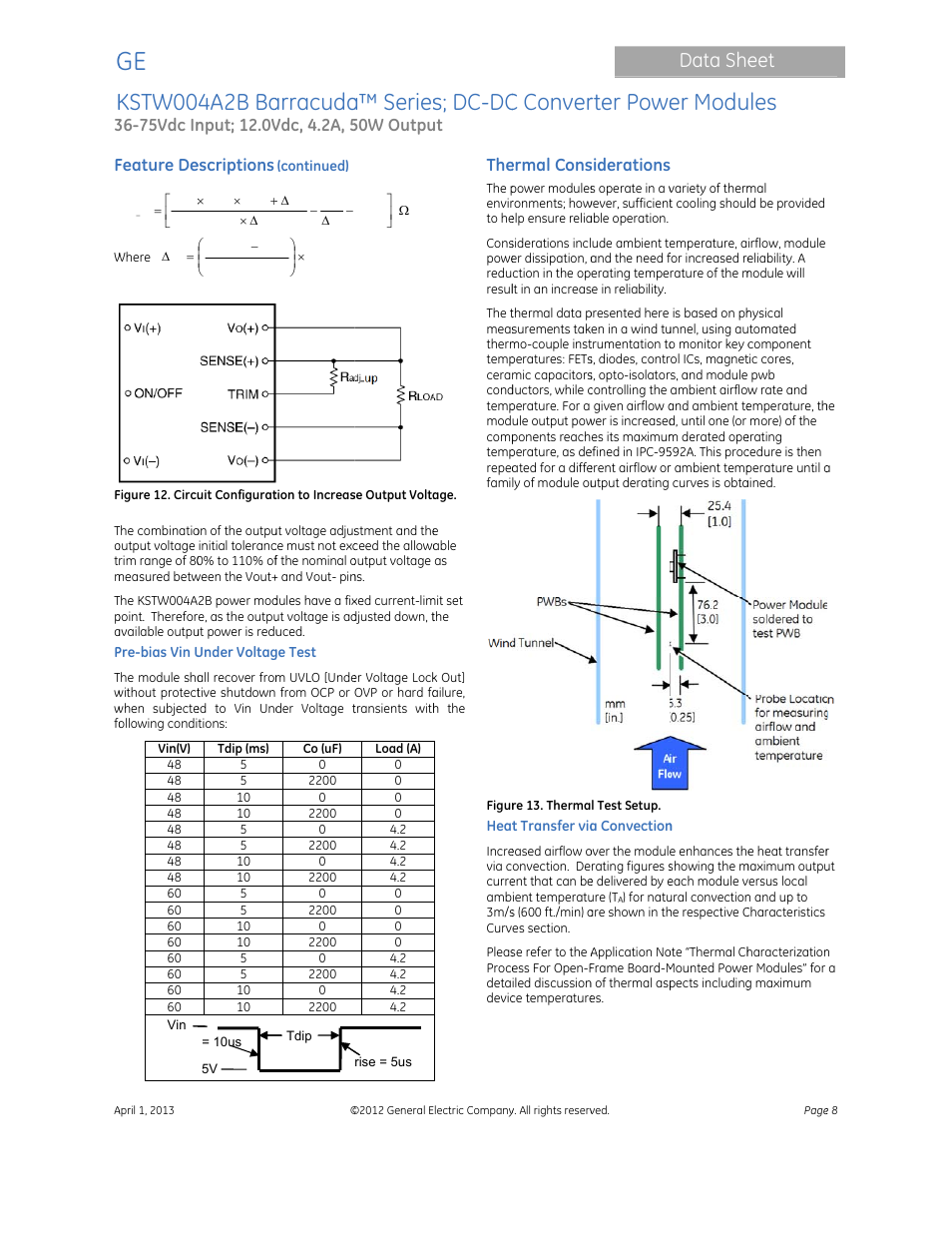 Kstw00, 4a2b ba, Arracuda | A™ series, S; dc-dc, C conver, Rter powe, Er modu, Data she, 75vdc in | GE Industrial Solutions KSTW004A2B Barracuda Series User Manual | Page 8 / 16