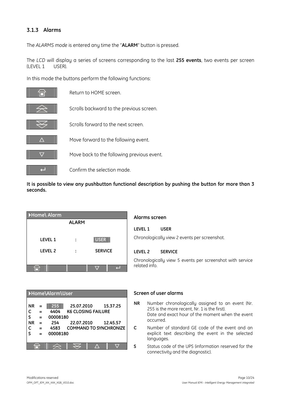3 alarms, Alarms | GE Industrial Solutions IEMi User Manual | Page 10 / 24