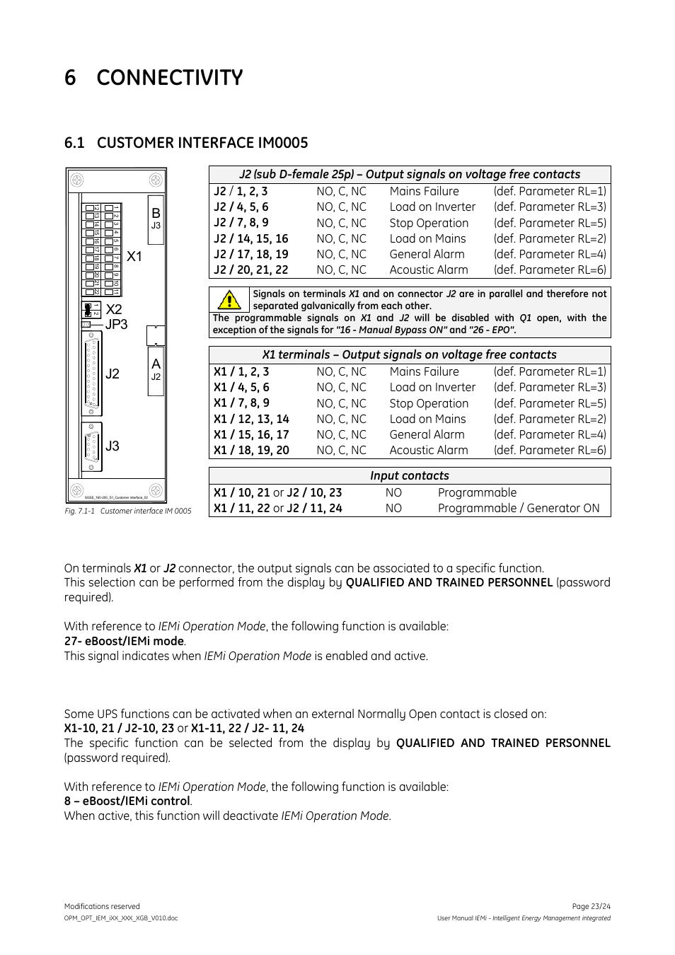 6 connectivity, 1 customer interface im0005, Customer interface im0005 | X1 j2 j3, Jp3 x2 a b | GE Industrial Solutions IEMi User Manual | Page 23 / 24