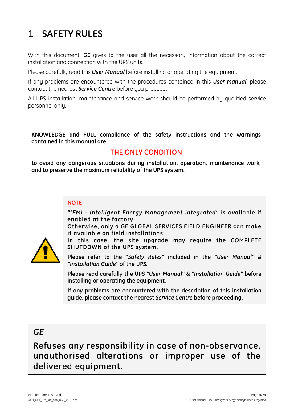 Safety rules, 1 safety rules, The only condition | GE Industrial Solutions IEMi User Manual | Page 4 / 24