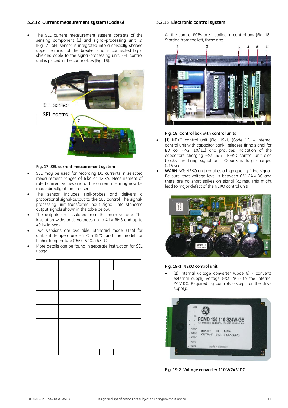 12 current measurement system (code 6), Fig. 17 sel current measurement system, 13 electronic control system | Fig. 18 control box with control units, Fig. 19-1 neko control unit, Fig. 19-2 voltage converter 110 v/24 v dc | GE Industrial Solutions GERAPID 2607, 4207, 6007, 8007 with arc chutes 1X2, 1X4, 2X2, 2X3, 2X4 User Manual | Page 11 / 60