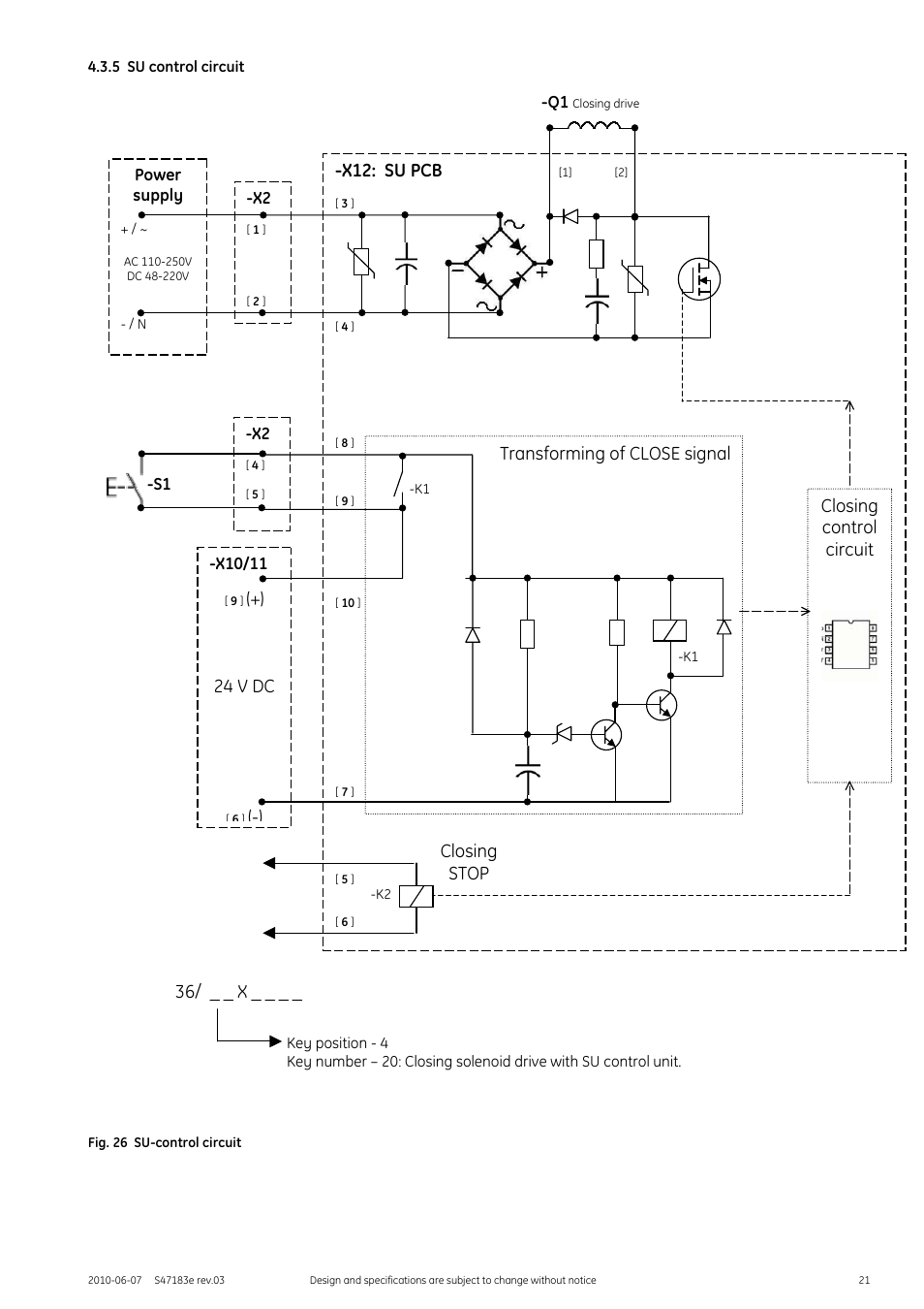 5 su control circuit, Fig. 26 su-control circuit, Transforming of close signal | X12: su pcb, Closing stop closing control circuit, 24 v dc, 36/ _ _ x | GE Industrial Solutions GERAPID 2607, 4207, 6007, 8007 with arc chutes 1X2, 1X4, 2X2, 2X3, 2X4 User Manual | Page 21 / 60