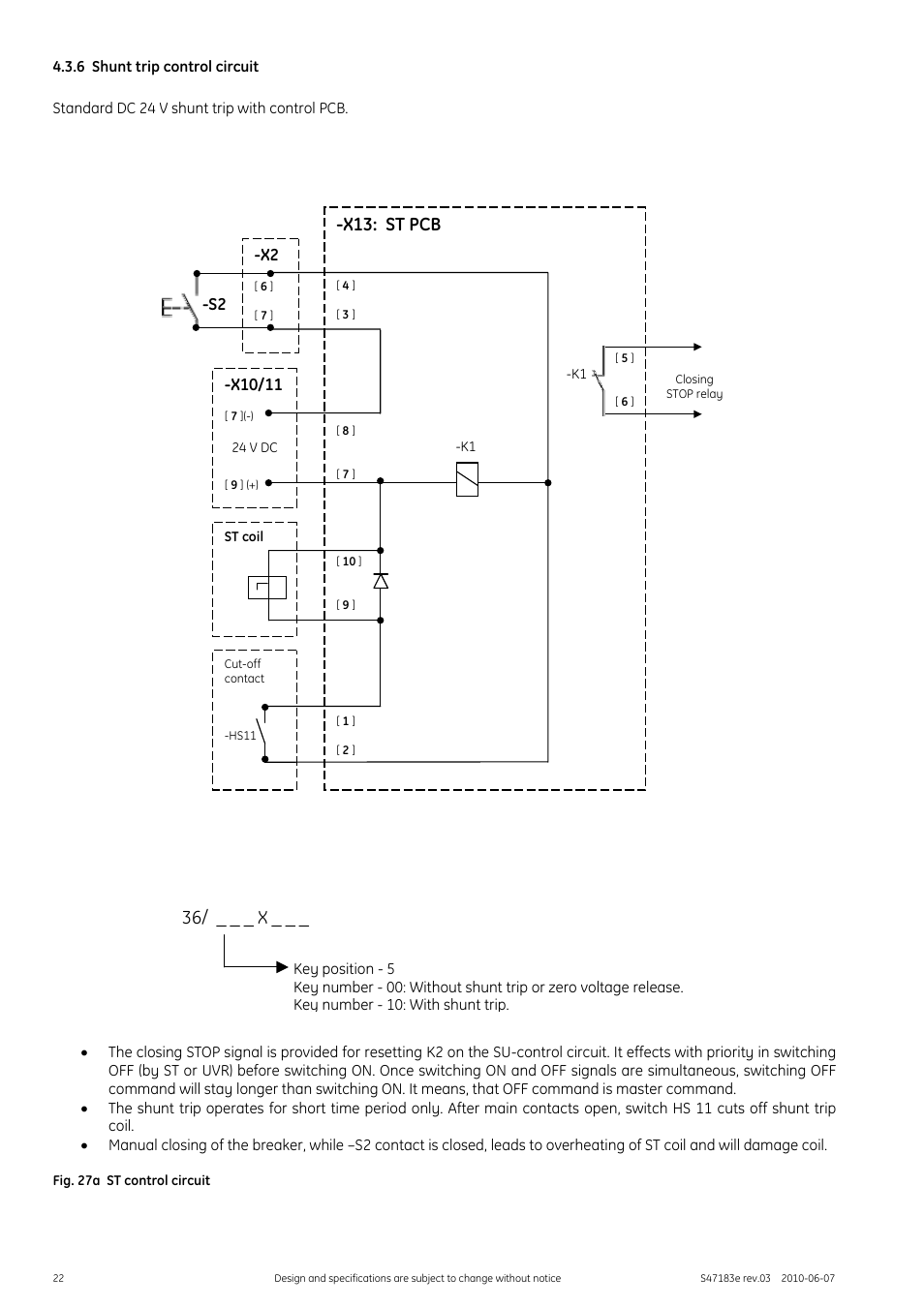 6 shunt trip control circuit, Fig. 27a st control circuit, 36/ _ _ _ x _ _ _ -x13: st pcb | GE Industrial Solutions GERAPID 2607, 4207, 6007, 8007 with arc chutes 1X2, 1X4, 2X2, 2X3, 2X4 User Manual | Page 22 / 60