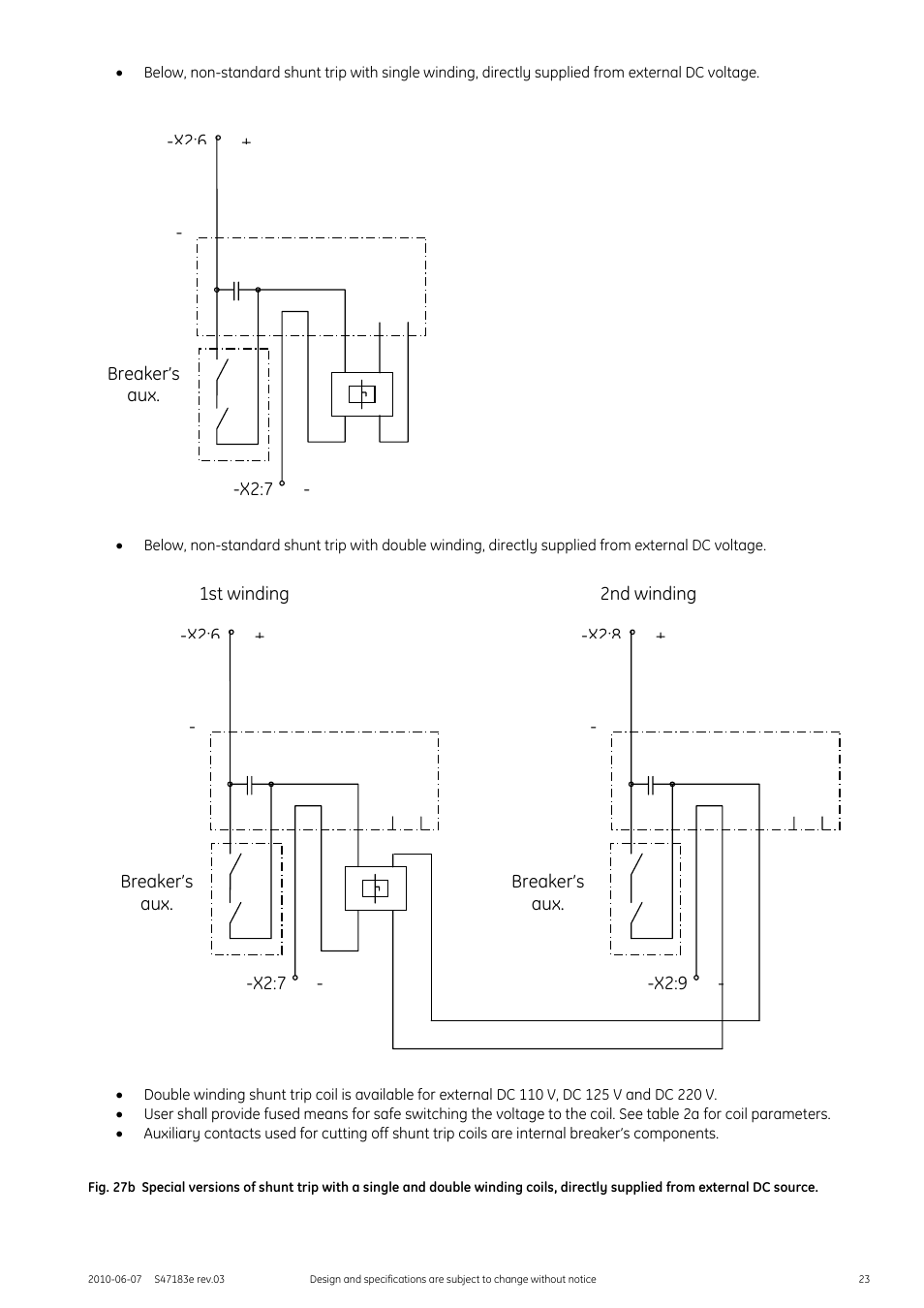 X2:6 + -x2:7, Breaker’s aux. breaker’s aux | GE Industrial Solutions GERAPID 2607, 4207, 6007, 8007 with arc chutes 1X2, 1X4, 2X2, 2X3, 2X4 User Manual | Page 23 / 60