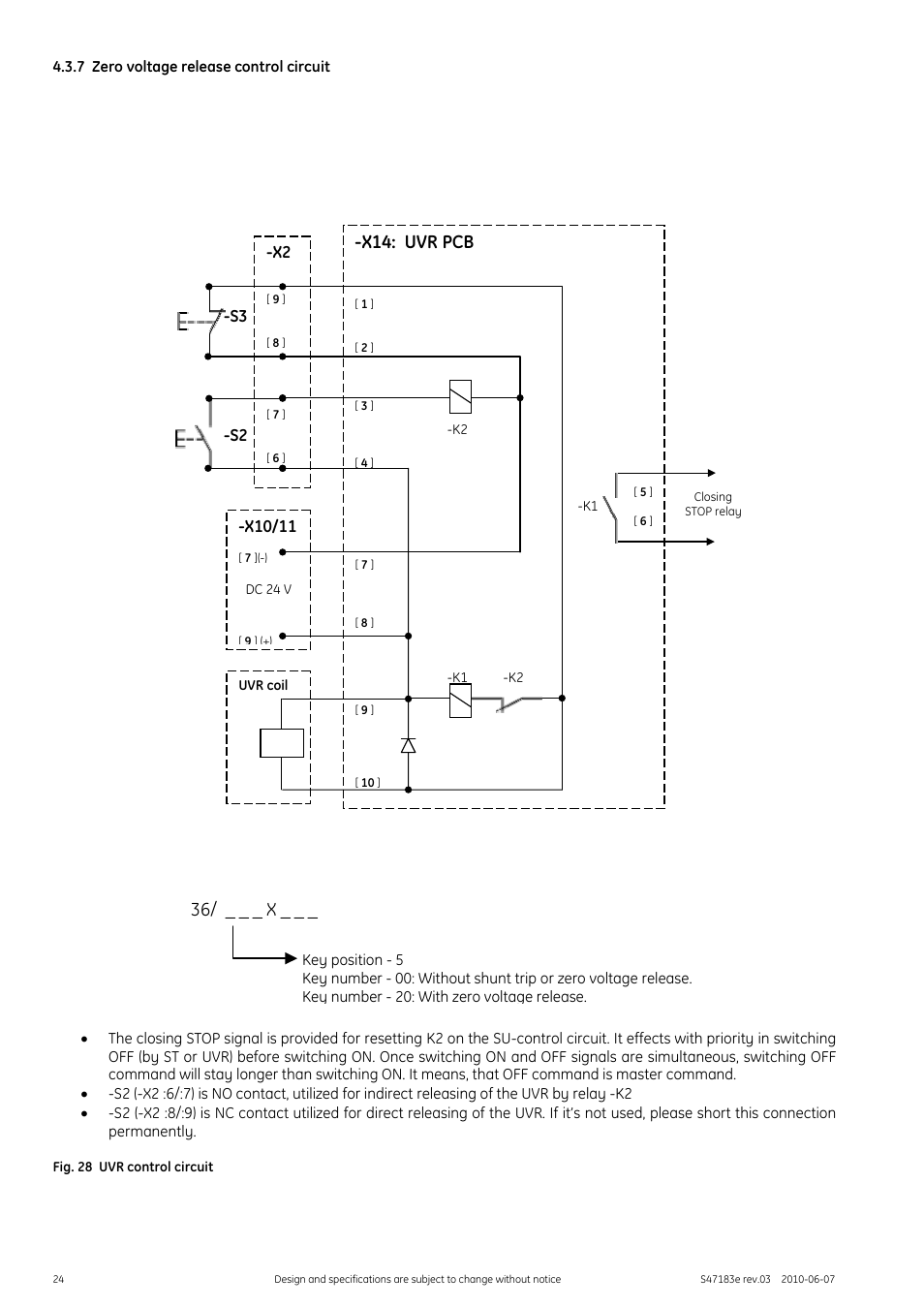 7 zero voltage release control circuit, Fig. 28 uvr control circuit, 36/ _ _ _ x | X14: uvr pcb | GE Industrial Solutions GERAPID 2607, 4207, 6007, 8007 with arc chutes 1X2, 1X4, 2X2, 2X3, 2X4 User Manual | Page 24 / 60