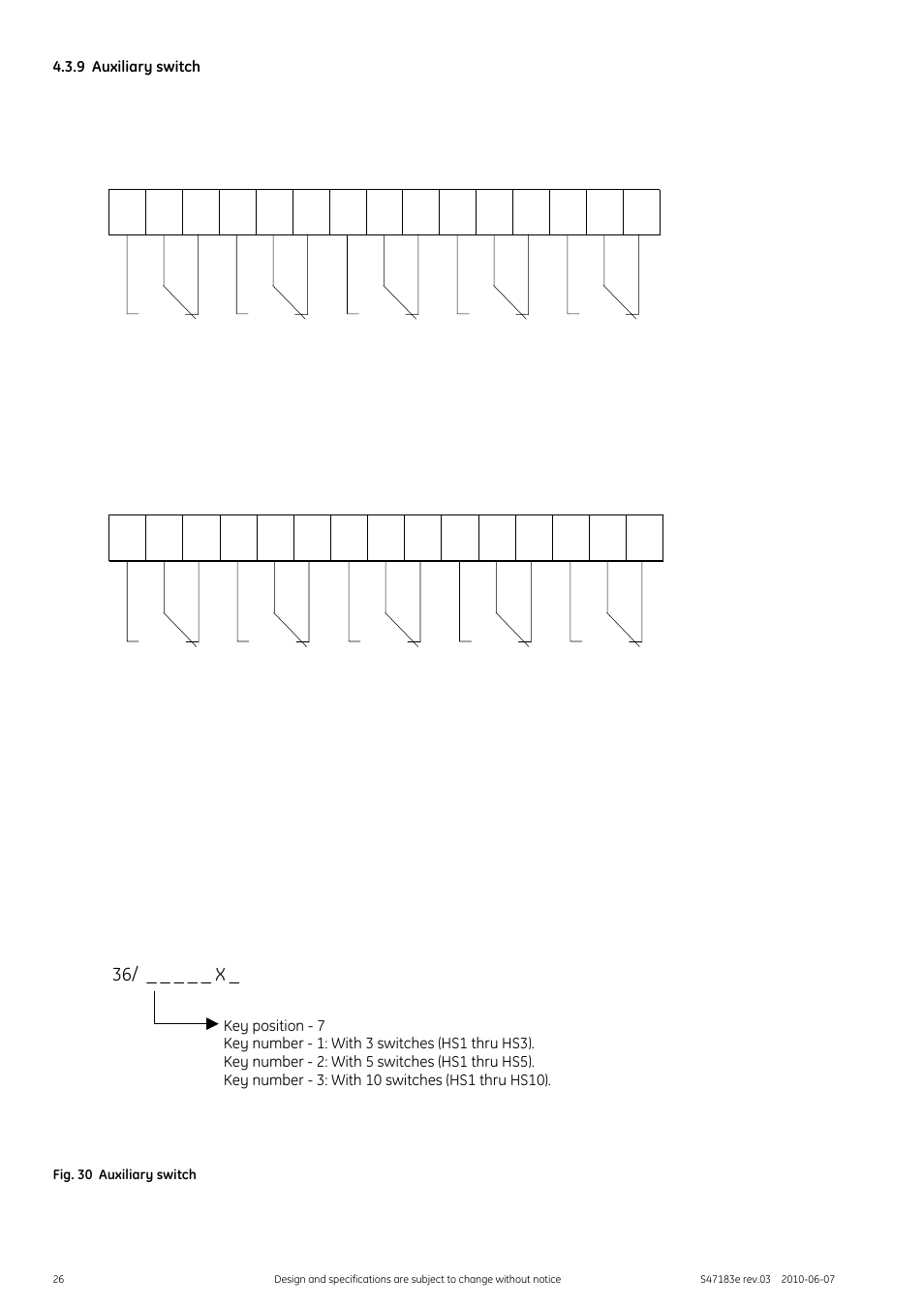 9 auxiliary switch, Fig. 30 auxiliary switch, 36/ _ _ _ _ _ x | GE Industrial Solutions GERAPID 2607, 4207, 6007, 8007 with arc chutes 1X2, 1X4, 2X2, 2X3, 2X4 User Manual | Page 26 / 60