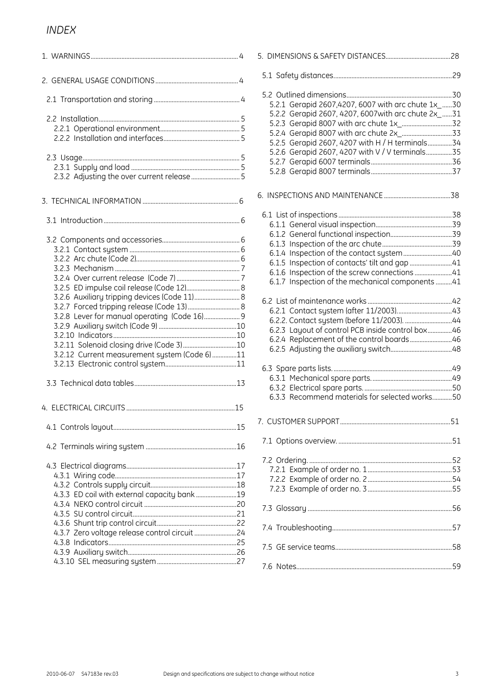 Index | GE Industrial Solutions GERAPID 2607, 4207, 6007, 8007 with arc chutes 1X2, 1X4, 2X2, 2X3, 2X4 User Manual | Page 3 / 60