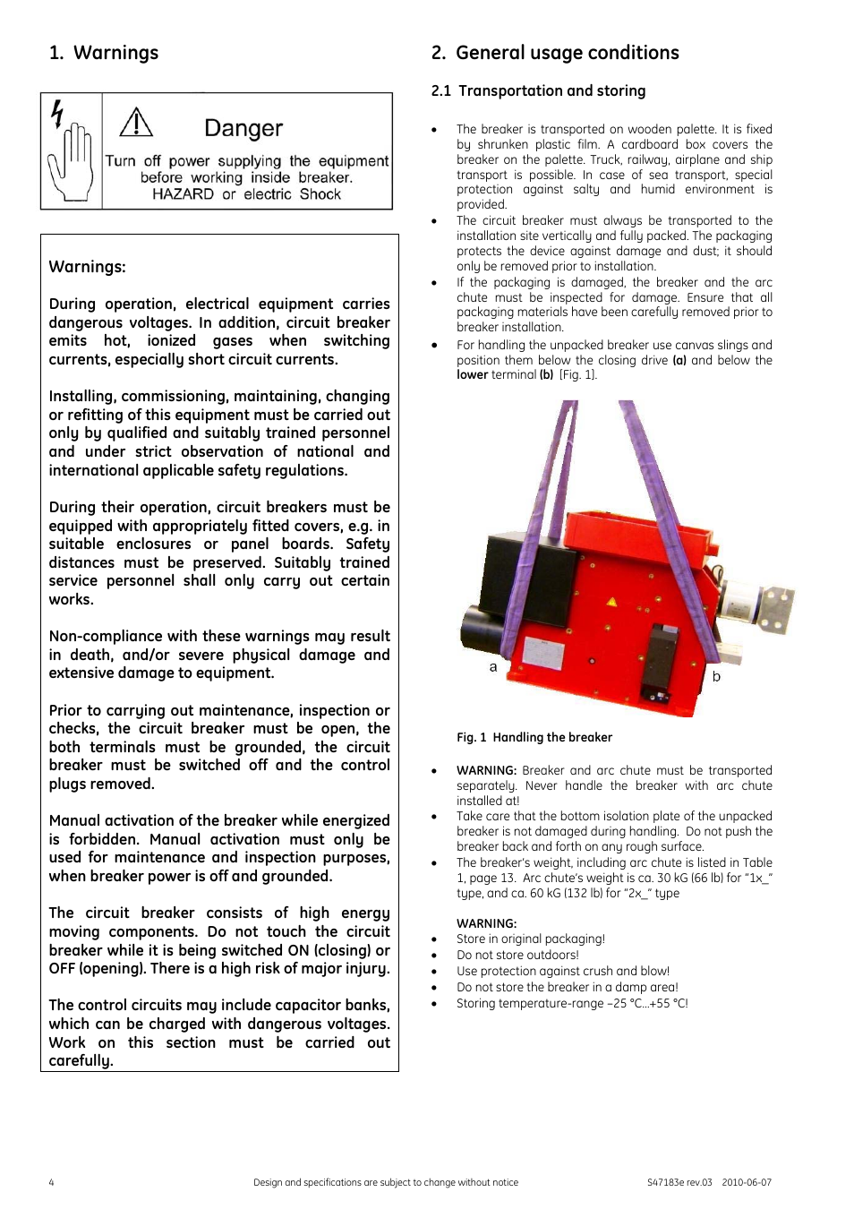 Warnings, General usage conditions, 1 transportation and storing | GE Industrial Solutions GERAPID 2607, 4207, 6007, 8007 with arc chutes 1X2, 1X4, 2X2, 2X3, 2X4 User Manual | Page 4 / 60