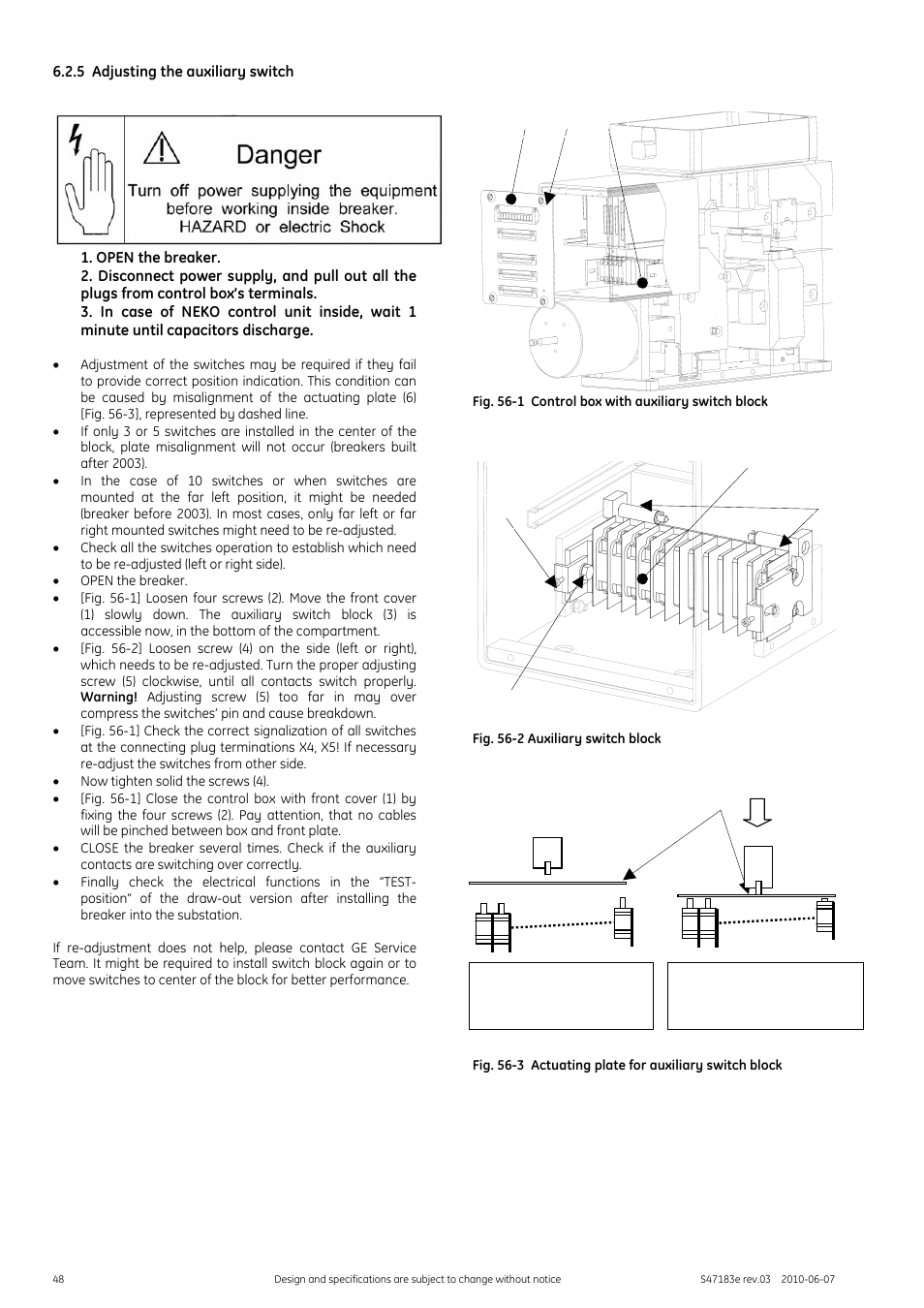 5 adjusting the auxiliary switch | GE Industrial Solutions GERAPID 2607, 4207, 6007, 8007 with arc chutes 1X2, 1X4, 2X2, 2X3, 2X4 User Manual | Page 48 / 60