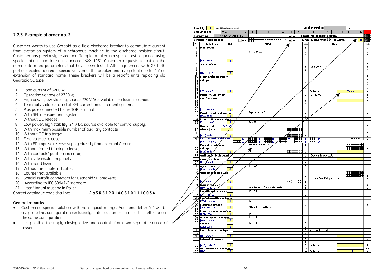 3 example of order no. 3 | GE Industrial Solutions GERAPID 2607, 4207, 6007, 8007 with arc chutes 1X2, 1X4, 2X2, 2X3, 2X4 User Manual | Page 55 / 60