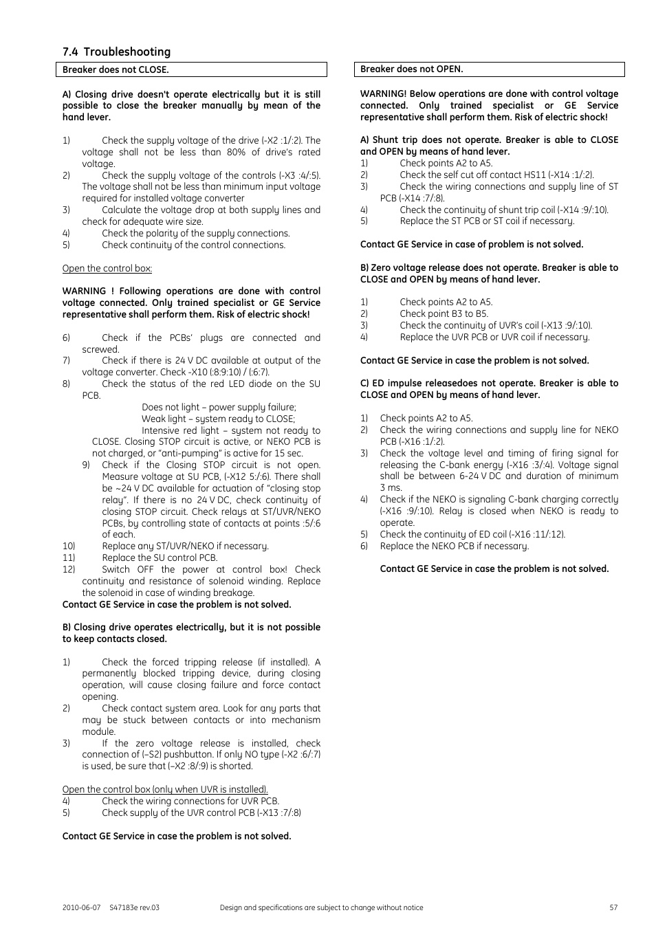 4 troubleshooting | GE Industrial Solutions GERAPID 2607, 4207, 6007, 8007 with arc chutes 1X2, 1X4, 2X2, 2X3, 2X4 User Manual | Page 57 / 60