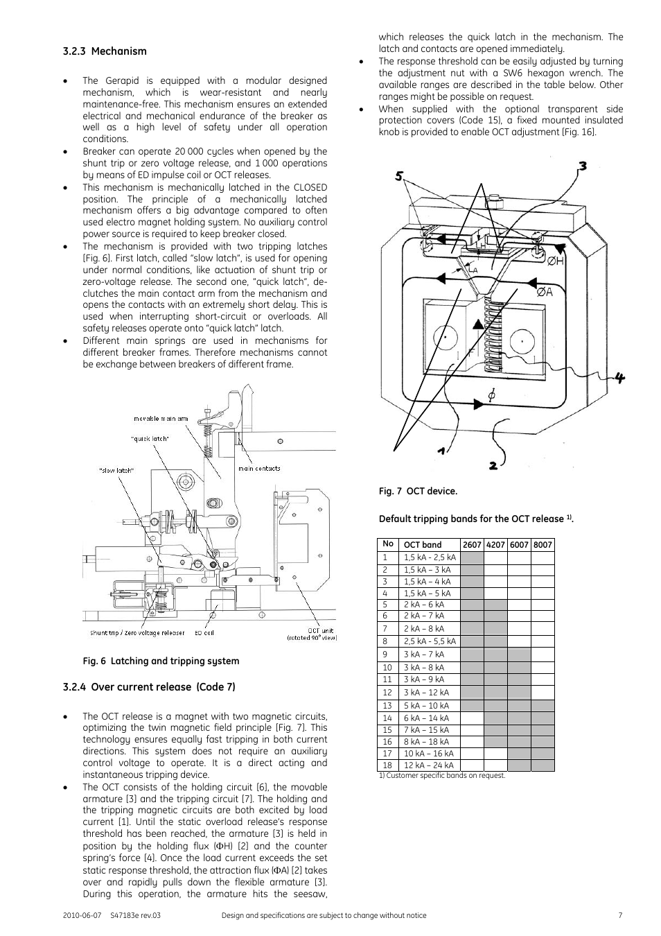 3 mechanism, Fig. 6 latching and tripping system, 4 over current release (code 7) | Fig. 7 oct device, 5 ed impulse coil release (code 12) | GE Industrial Solutions GERAPID 2607, 4207, 6007, 8007 with arc chutes 1X2, 1X4, 2X2, 2X3, 2X4 User Manual | Page 7 / 60