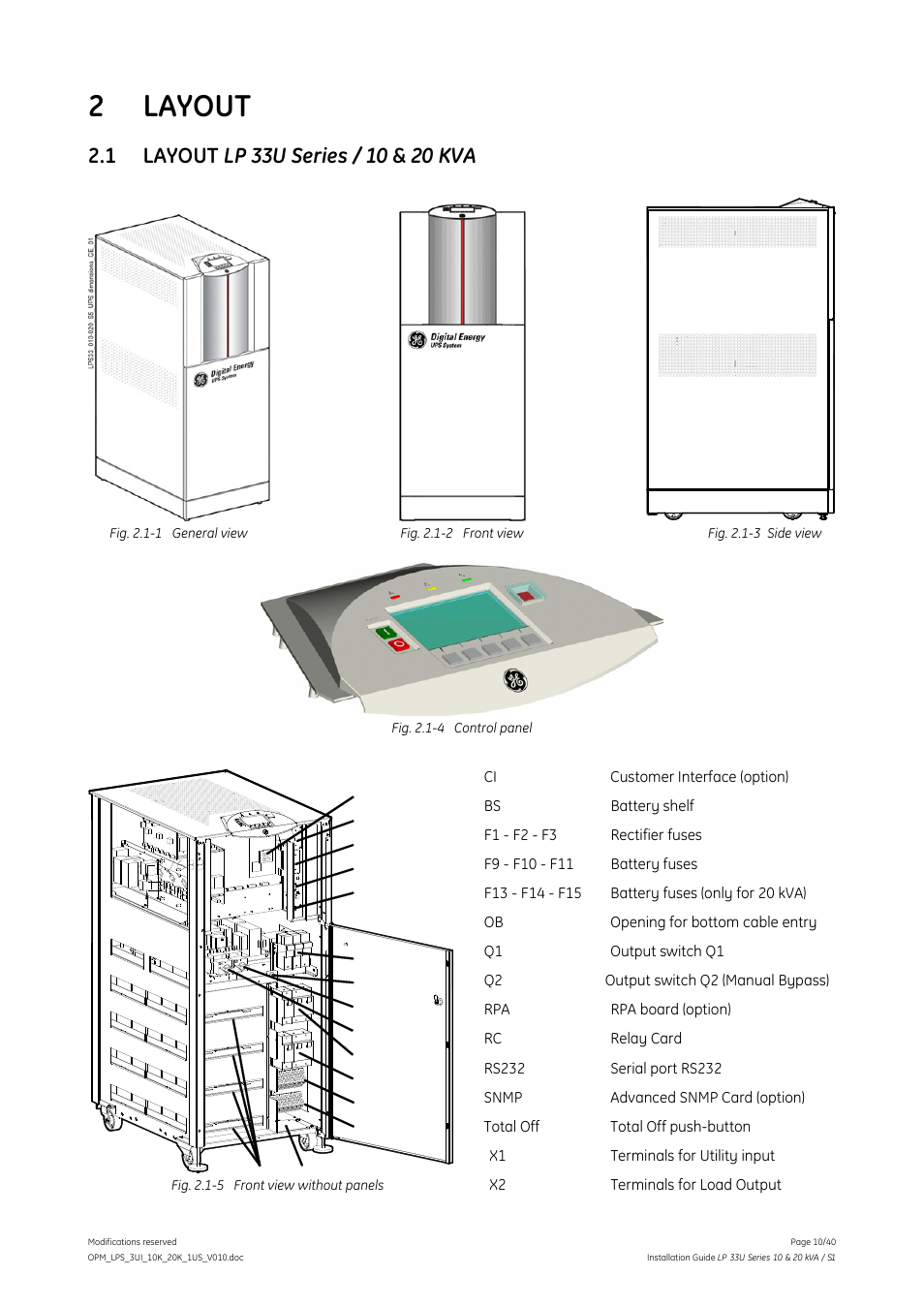 Layout, 1 layout lp 33u series / 10 & 20 kva, Layout lp 33u series / 10 & 20 kva | 2 layout | GE Industrial Solutions LP 33U Series 10 & 20 kVA Installation Guide User Manual | Page 10 / 40