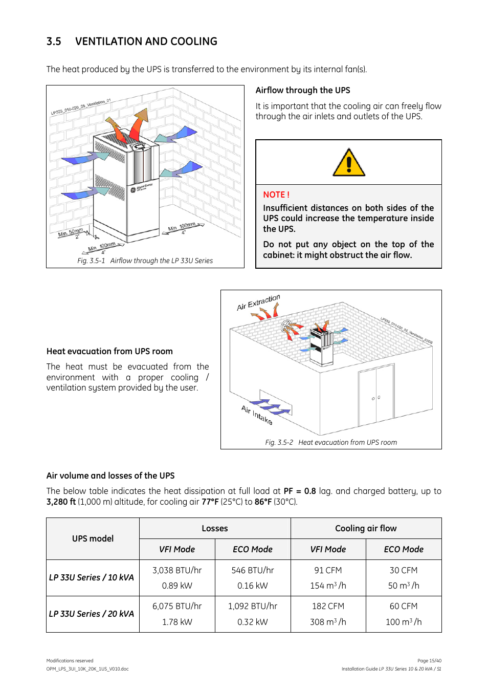 5 ventilation and cooling, Ventilation and cooling | GE Industrial Solutions LP 33U Series 10 & 20 kVA Installation Guide User Manual | Page 15 / 40