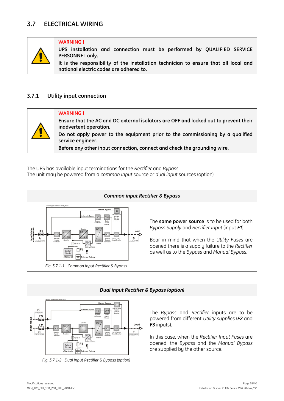7 electrical wiring, 1 utility input connection, Electrical wiring | Utility input connection | GE Industrial Solutions LP 33U Series 10 & 20 kVA Installation Guide User Manual | Page 18 / 40