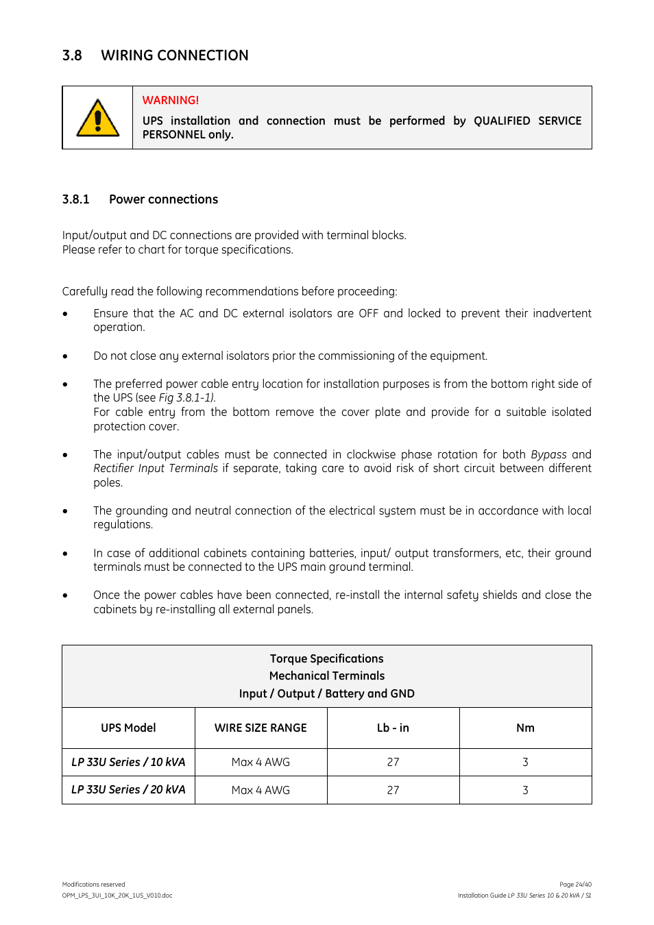 8 wiring connection, 1 power connections, Wiring connection | Power connections | GE Industrial Solutions LP 33U Series 10 & 20 kVA Installation Guide User Manual | Page 24 / 40