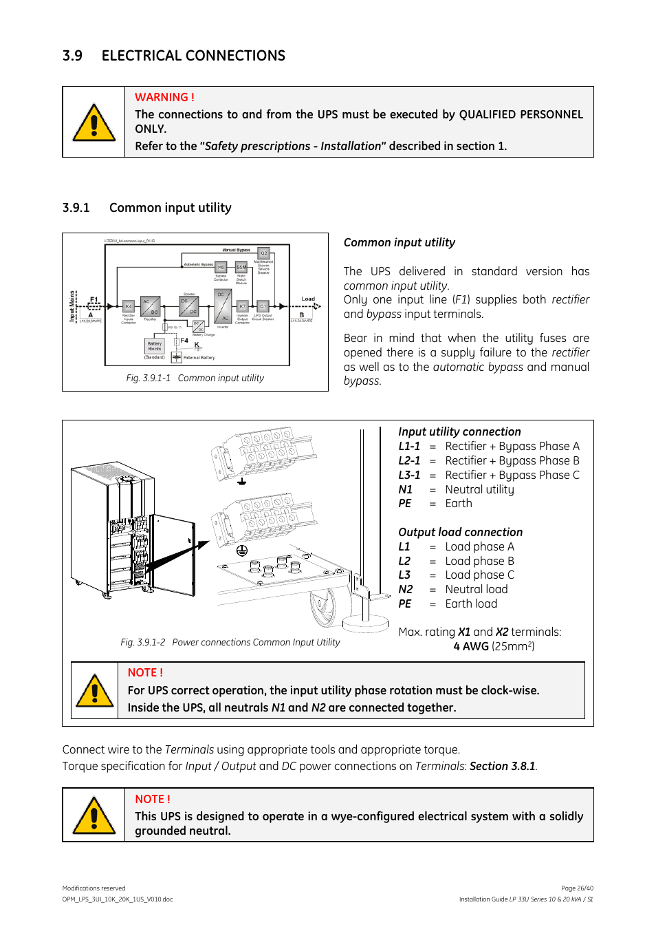 9 electrical connections, 1 common input utility, Electrical connections | Common input utility | GE Industrial Solutions LP 33U Series 10 & 20 kVA Installation Guide User Manual | Page 26 / 40