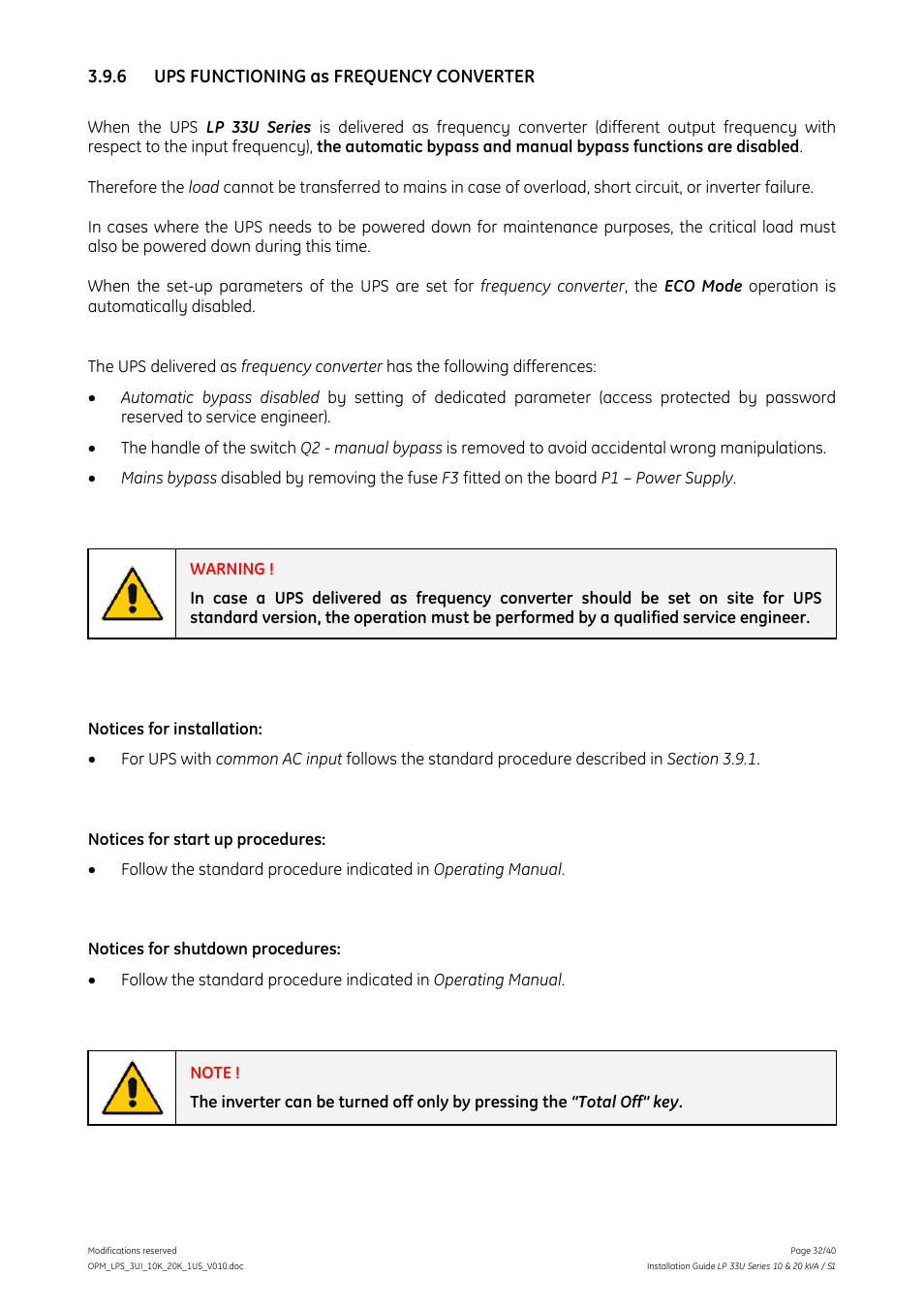 6 ups functioning as frequency converter, Ups functioning as frequency converter | GE Industrial Solutions LP 33U Series 10 & 20 kVA Installation Guide User Manual | Page 32 / 40