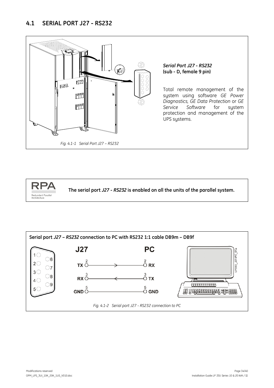 1 serial port j27 - rs232, Serial port j27 - rs232 | GE Industrial Solutions LP 33U Series 10 & 20 kVA Installation Guide User Manual | Page 34 / 40