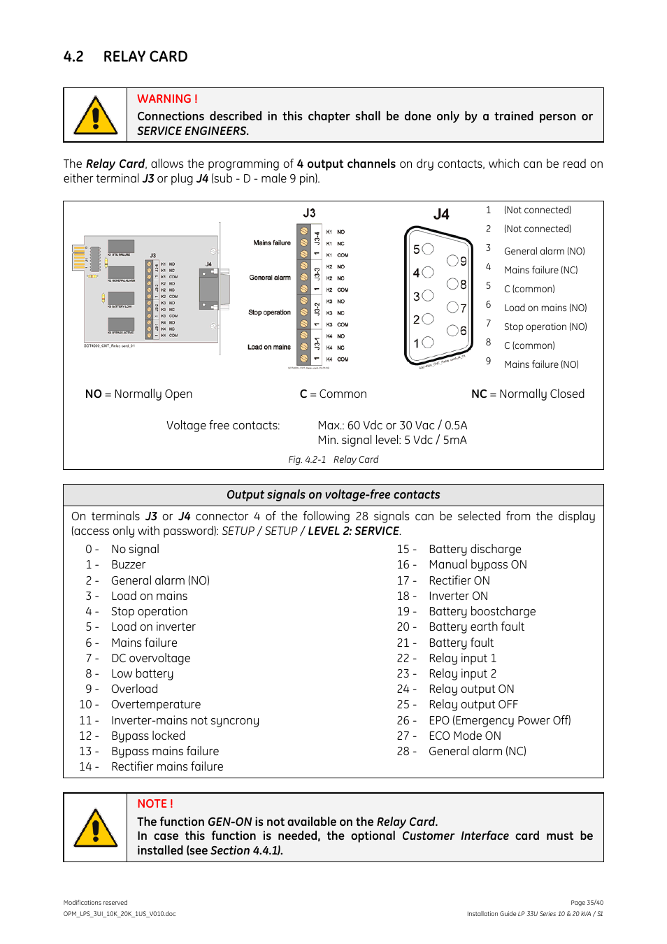2 relay card, Relay card | GE Industrial Solutions LP 33U Series 10 & 20 kVA Installation Guide User Manual | Page 35 / 40