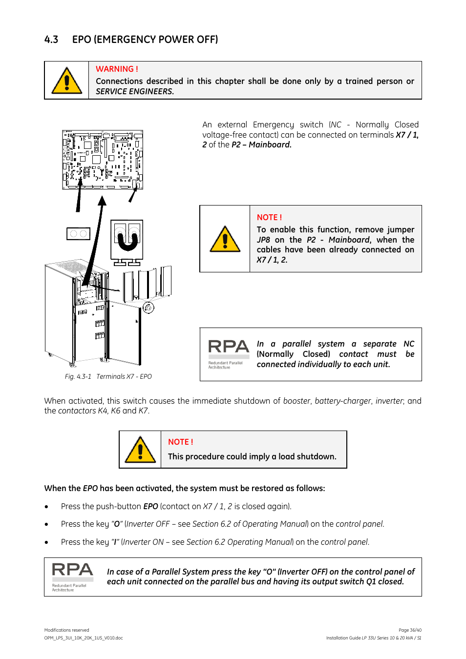 3 epo (emergency power off), Epo (emergency power off), P2 - mainboard | GE Industrial Solutions LP 33U Series 10 & 20 kVA Installation Guide User Manual | Page 36 / 40