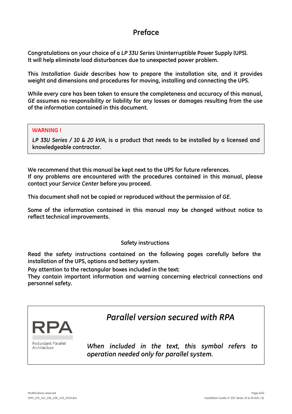 Parallel version secured with rpa, Preface | GE Industrial Solutions LP 33U Series 10 & 20 kVA Installation Guide User Manual | Page 4 / 40